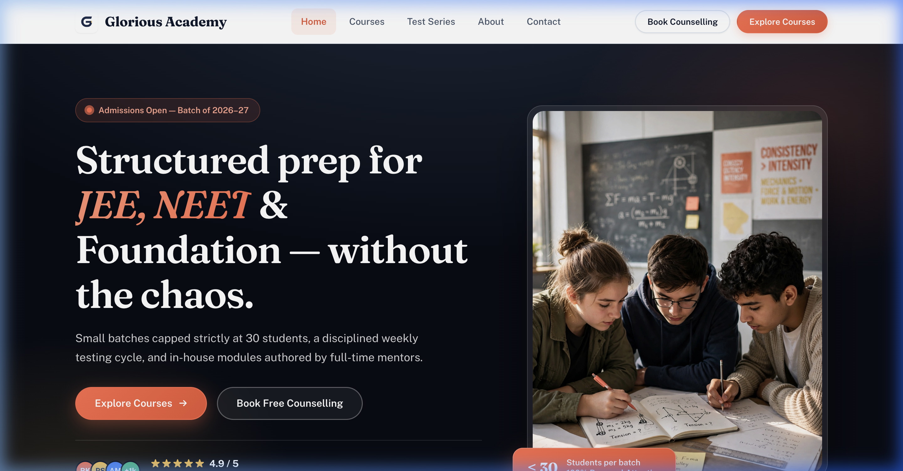 Glorious Academy coaching institute live website screenshot